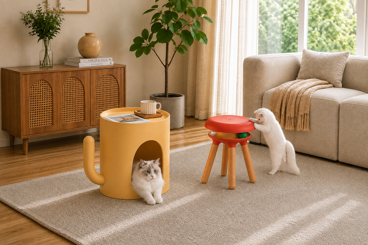 Cats using a coffee table with built-in hideaway and an accent stool in a modern living room