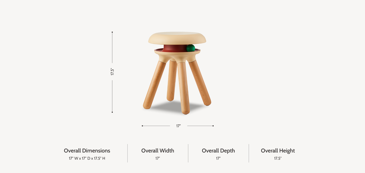 Macarons Stool dimensions: 17 in wide, 17 in deep, and 17.5 in high
