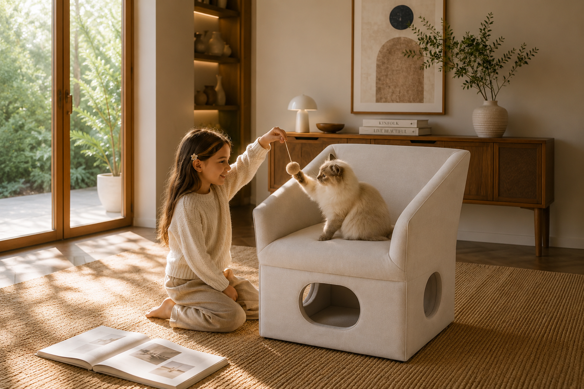 Child playing with a cat beside a cat-friendly accent chair with built-in hideaway in a warm living room