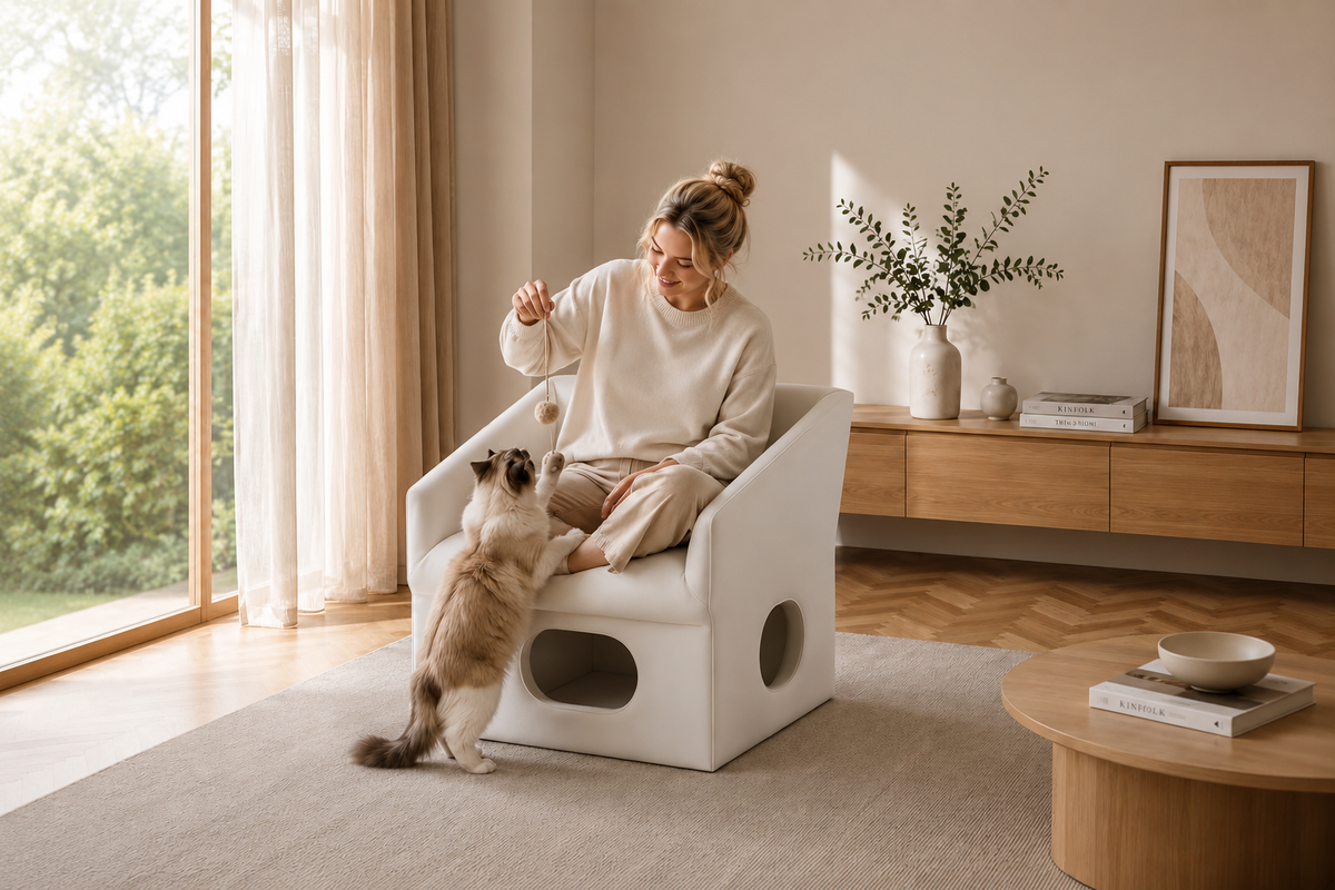 Woman playing with her cat while seated on a white accent chair with a built-in cat hideaway
