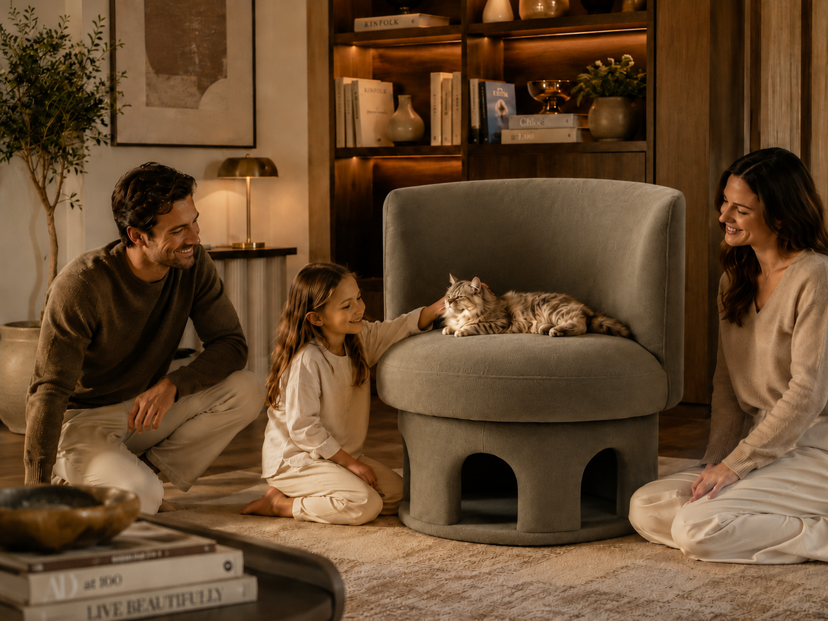 Family with a cat gathered around a cat-friendly accent chair with a built-in hideaway